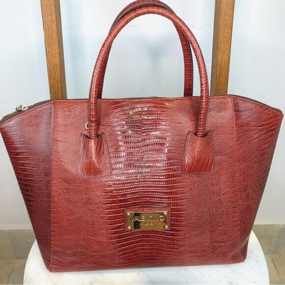 Vtg Valentino Milano brown reptile leather satchel with crossbody shoulder strap - Picture 3 of 12
